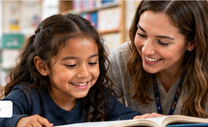 An educator reading alongside a student in a bright learning space